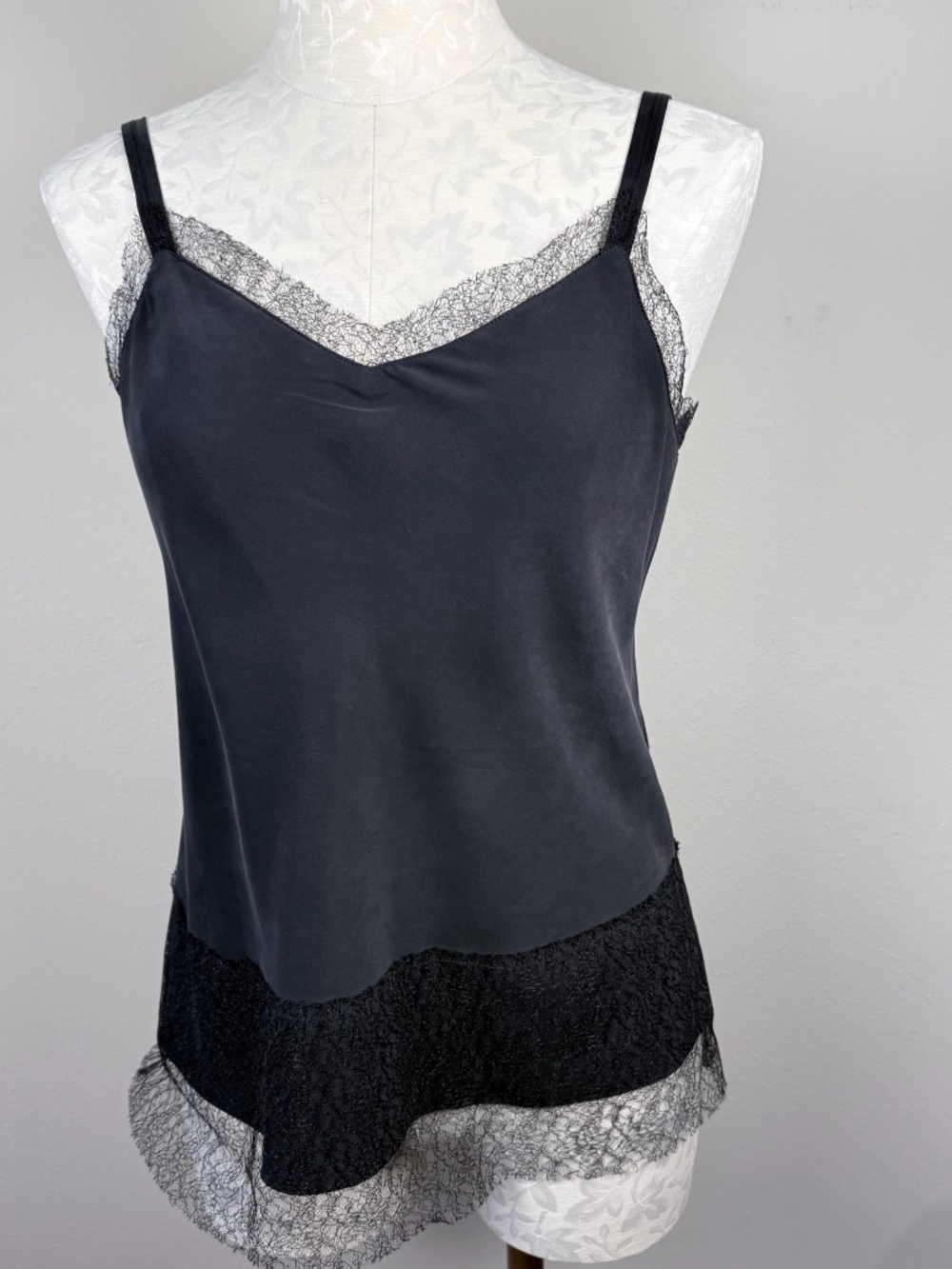 Rag & Bone Camisole Maya Black Lace-Trim Silk V-Neck Camisole, M